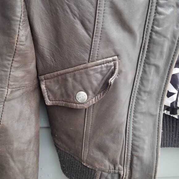 DKNY Brown Leather Bomber Jacket size Small - Picture 4 of 11